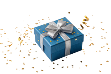 Blue gift box with silver ribbon and stars surrounded by gold confetti isolated on transparent background