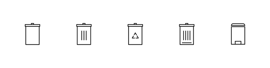 Minimal trash bin icon set on white background, Waste Disposal Symbols Collection, Thin Line Garbage and Recycling Icons, Modern Vector Design Elements, vector illustration.