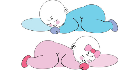 Baby boy and girl sleeping on their stomachs smiling vector illustration cartoon style