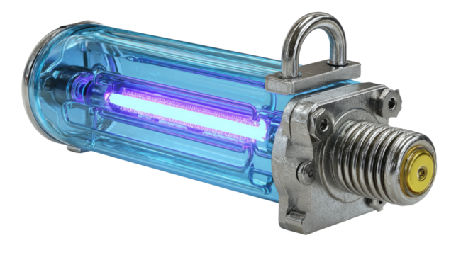Germicidal lamp: A close-up of a blue ultraviolet germicidal lamp with a clear protective encasing, illustrating its use in sterilization and water treatment processes.