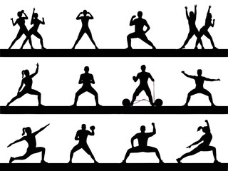 Dynamic martial arts poses collection featuring diverse figures in action and training silhouette