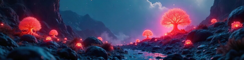Thriving Alien Flora Bioluminescent Plant Life Illuminates a Harsh Extraterrestrial Landscape