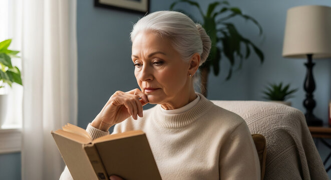 Elegant Senior Woman Reading a Book at Home, Enjoying Retirement