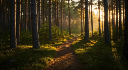 Fototapeta premium Sun Rays Filtering Through Pine Trees in the Forest