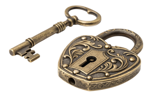 Antique heart shaped lock and key ornate brass metal isolated on transparent background