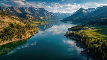 Naklejka premium Spectacular Aerial View of a Tranquil Lake Surrounded by Forested Mountains