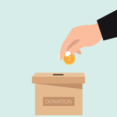 Donation box collecting money and hand putting coin in the donate box. providing material assistance to socially vulnerable people vector illustration