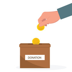 Donation box collecting money and hand putting coin in the donate box. providing material assistance to socially vulnerable people vector illustration