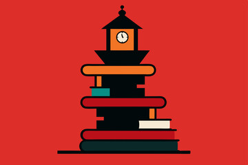 Timeless Knowledge A Stack of Books Towering to the Clock