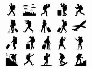 Collection of diverse travel and adventure silhouettes showcasing people hiking climbing sightseeing and using luggage for journeys silhouette