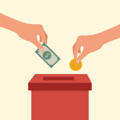 Donation box collecting money and hand putting paper money and coin in the donate box. providing material assistance to socially vulnerable people vector illustration