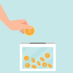 Donation box collecting money and hand putting coin in the donate box. providing material assistance to socially vulnerable people vector illustration