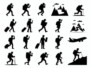 Collection of diverse travel and adventure silhouettes featuring hikers backpackers tourists with luggage and mountain scenery silhouette