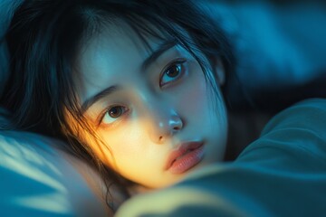 Asian woman with open eyes,  on the bed, dealing with insomnia and struggling to get restful sleep, Generative AI
