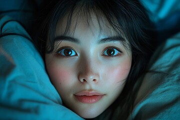 Asian woman with open eyes,  on the bed, dealing with insomnia and struggling to get restful sleep, Generative AI