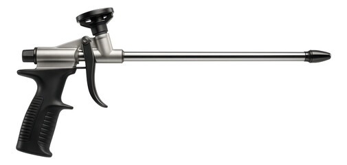 Long-reach foam gun with an extended nozzle for overhead applications in roofing work.