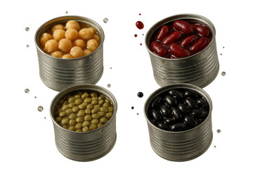 Assortment of canned beans isolated on a transparent background, healthy food
