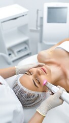 Woman receiving laser facial treatment in beauty clinic with professional equipment and glowing skin care procedure.