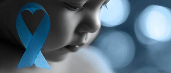 Sudden Infant Death Syndrome Awareness close up of blue awareness ribbon focus on copy space gentle caring tones Double exposure silhouette with baby and heart icons