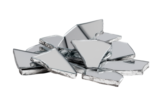  pile of shattered mirror pieces isolated on white background