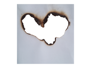 Burned Heart Shape Hole in Paper , Grunge Texture, isolated on transparent background