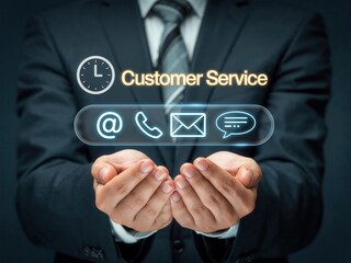 Businessman offering customer service contact options with digital communication icons including email, phone, chat, and support symbols.