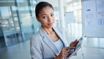 Confident businesswoman using digital tablet in modern office environment with graphs and charts in background.