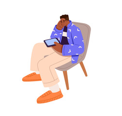 Young black man sits on chair, holds smartphone and spends leisure time online. Person with social networks addiction surfing the Internet by phone, device. Flat isolated vector illustration on white