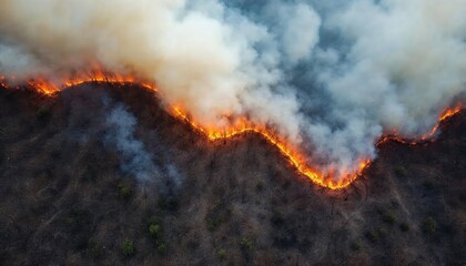Aerial view of a destructive wildfire spreading through a dry forest with heavy smoke and visible flames consuming the landscape.