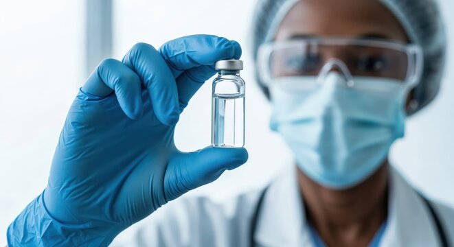 Female scientist wearing mask and gloves holding medical vial with clear liquid, close-up of vaccine or medication in hospital laboratory.