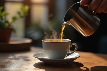 Hot Coffee Being Poured into Cup with Steam Rising

