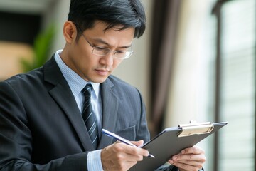 Asian inspector checking the structure of a new property, taking notes on a clipboard to ensure everything is ready for sale, Generative AI