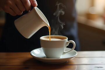 Hot Coffee Pouring with Rising Steam Close-Up

