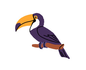 Fototapeta premium Cute toucan sits on branch. Tropical black parrot with big bright beak. Exotic bird relaxes on sprig in jungle. Flying animal of rainforest. Flat hand drawn isolated vector illustration on white