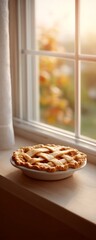 Homemade rhubarb pie cooling on window sill focus on copy space warm rustic hues Double exposure silhouette with lattice crust and steam