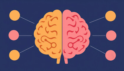 Graphic representation of a human brain divided into two hemispheres with thought bubbles illustrating creativity and logic