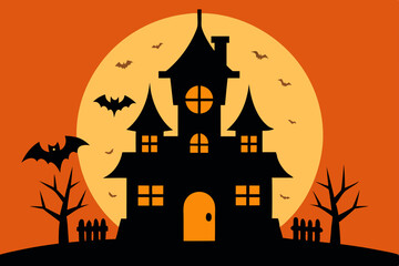 Spooky Halloween night with a haunted castle, silhouetted trees, and flying bats under a full moon