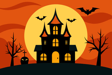 Spooky haunted house and castle silhouettes on a hill with pumpkins, bats, and a full moon make a scary Halloween night illustration