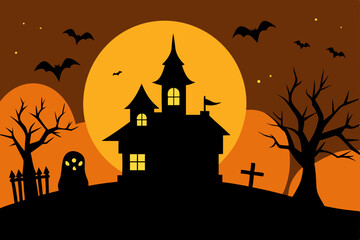 Spooky Halloween night with a haunted house, castle, and pumpkin silhouette under a moonlit sky, featuring bats and twisted trees, in a dark, scary autumn illustration