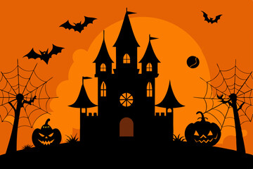 Spooky Halloween night background with haunted castle, flying bats, and scary pumpkin silhouettes
