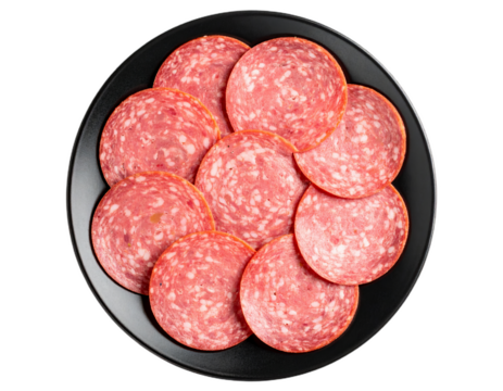 Salami sausage slices in a black plate isolated on white background. Suitable for marketing or business purposes. Panoramic banner with place for text. PNG file