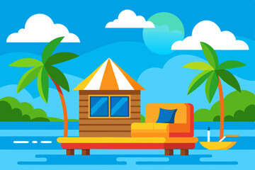 Tropical island paradise: a house on the beach with palm trees, ocean waves, and summer sun