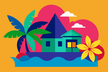 Tropical beach house illustration with palm trees and ocean waves