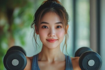 Wellness and healthy lifestyles. Cheerful Asian woman lifting weights and exercising at home, focused on her  care and physical health, Generative AI