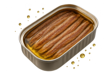 Canned anchovy fillets in oil, isolated on a transparent background, gourmet food
