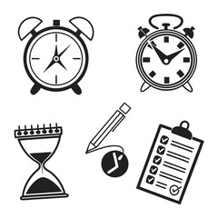 Time management and scheduling icons isolated on white background