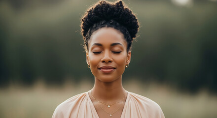 Serene African American Woman Meditating Outdoors in Natural Setting, Mindfulness and Well-being Concept