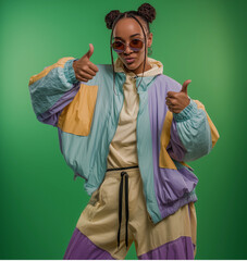 Bold retro streetwear fashion pastel windbreaker confident style green background 90s aesthetic youth culture attitude urban outfit editorial thumbs up vintage inspired campaign colorful cool ad