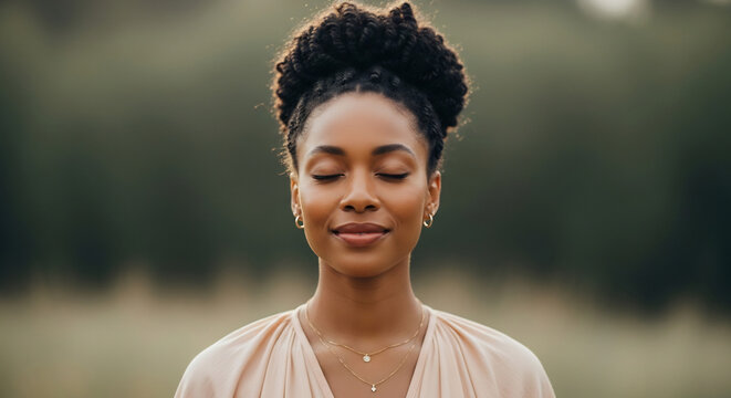 Serene African American Woman Meditating Outdoors in Natural Setting, Mindfulness and Well-being Concept