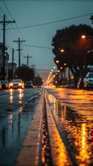 Fototapeta premium Rainy city street at dusk with glowing streetlights and reflections on the wet asphalt